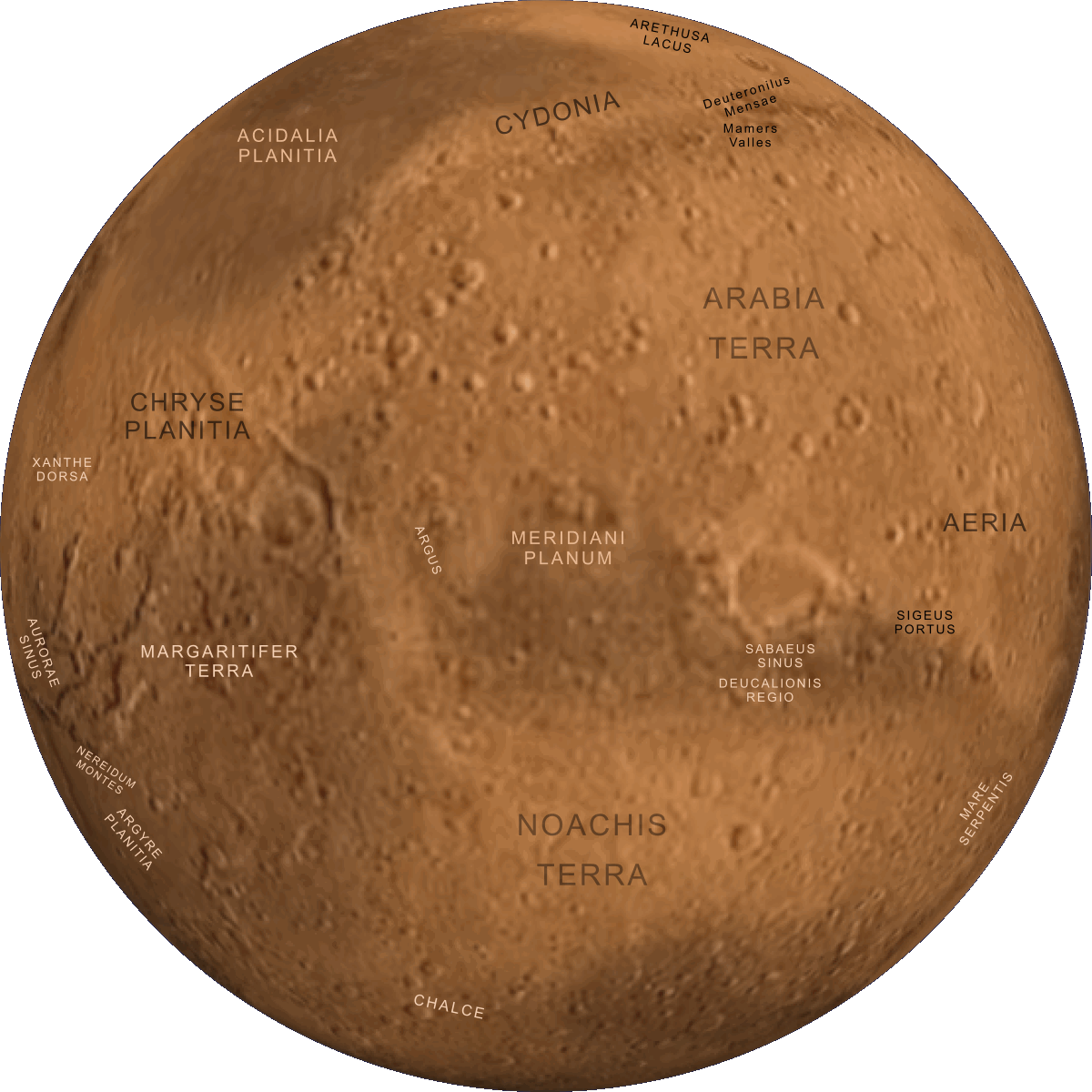 Map of Mars, centred on longitude 0°