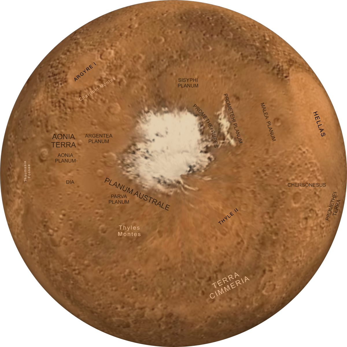 Map of Mars' south polar regions