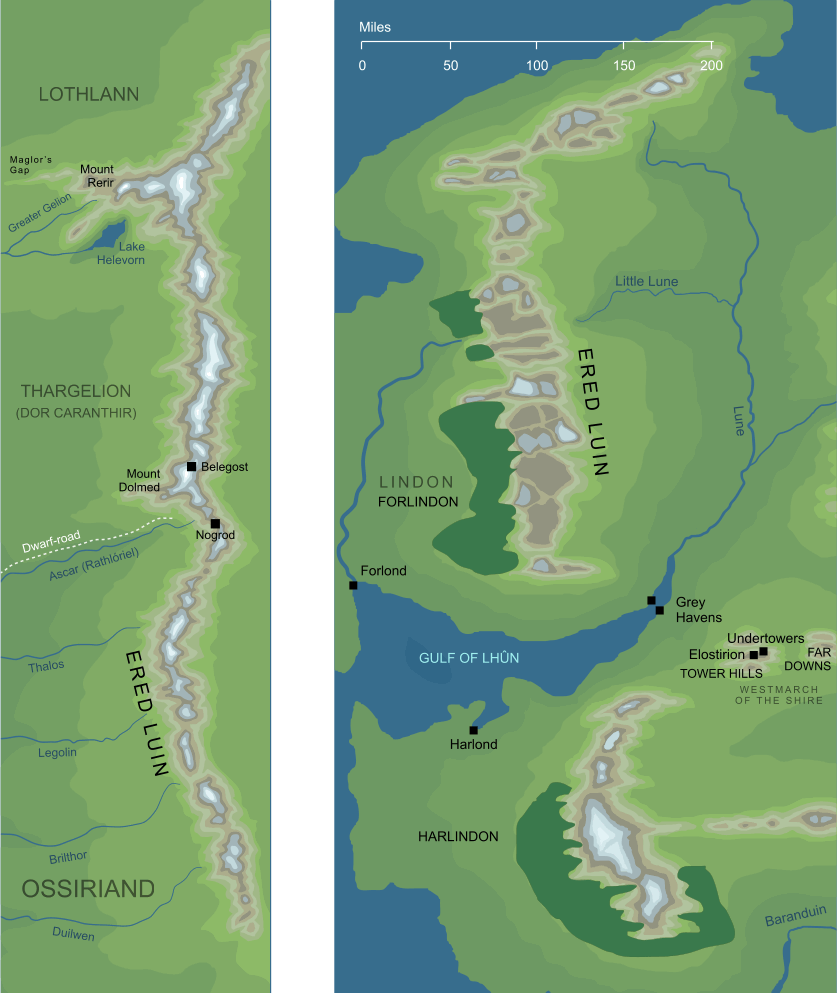 Map of Ered Luin, the Blue Mountains, in the First and Third Ages