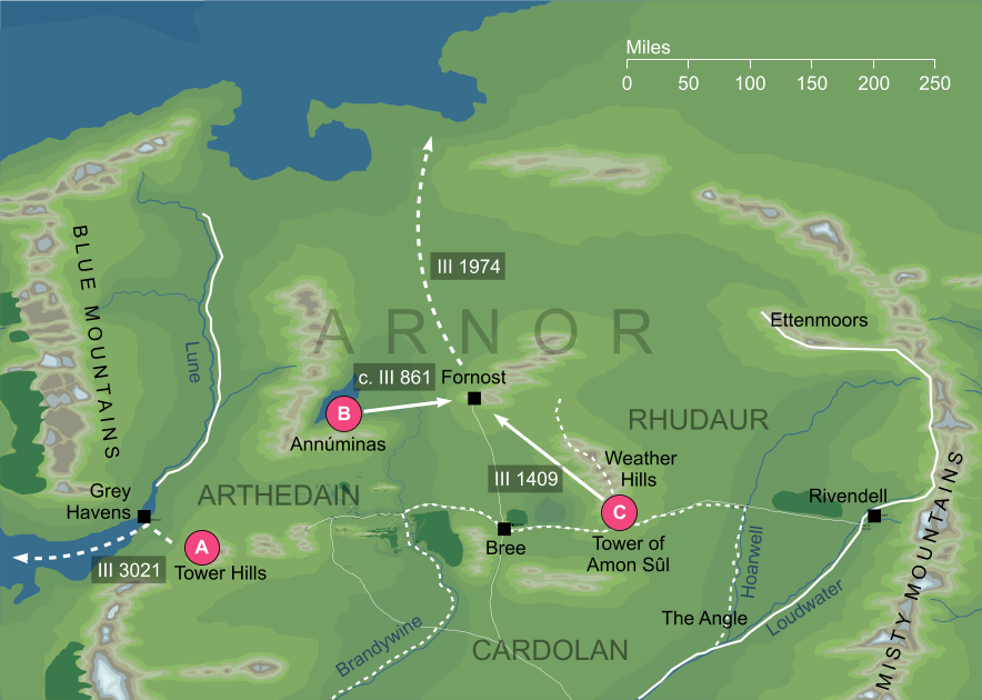 Map of the locations of the Stones of Arnor